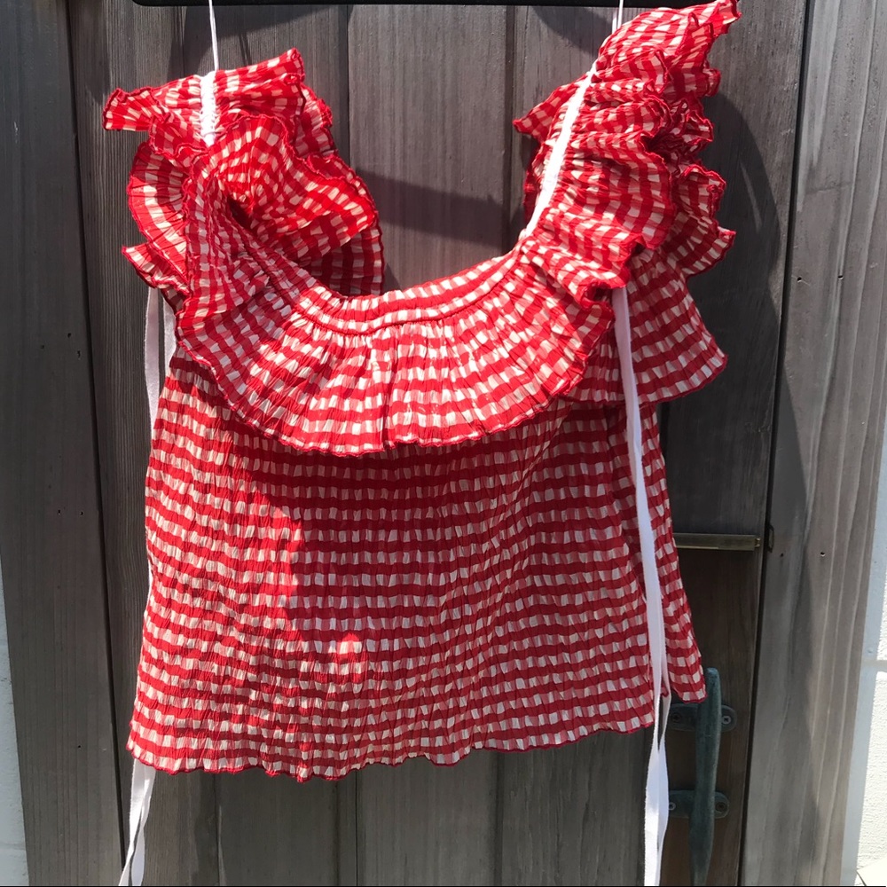 Rosie Assoulin Red Crinkled Gingham Ruffle Blouse